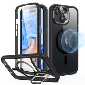[Pachet 360°] Husa cu folie integrata iPhone 15 Plus ESR Armor Tough Kickstand HaloLock, negru/transparenta