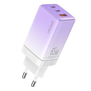 Incarcator GaN Fast Charge 2 x Type-C PD65W, USB-A 3A, Usams - gradient purple