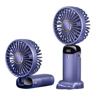 Ventilator portabil 4 in 1 de birou / mana / gat, 5 trepte de viteza, unghiuri reglabile pana la 90 grade, ecran LED, acumulator reincarcabil port USB-C, cu suport pentru telefon, mov
