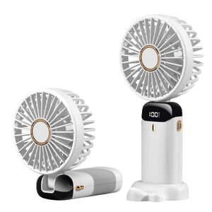 Ventilator portabil 4 in 1 de birou / mana / gat, 5 trepte de viteza, unghiuri reglabile pana la 90 grade, ecran LED, acumulator reincarcabil port USB-C, cu suport pentru telefon, alb