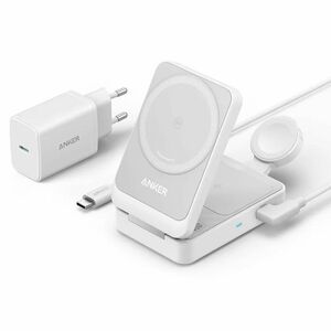 Incarcator wireless magnetic Anker MagGo 3-in-1, MagSafe compatibil, 15W, Qi2 Certificat, Pliabil, (incarcator si cablu USB-C inclus), alb