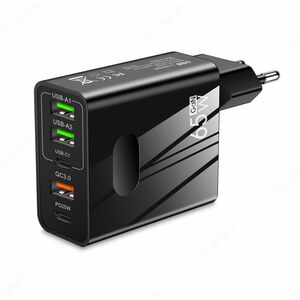 Incarcator priza 65W Fast Charge cu 5 porturi, 3 x USB 3.0, 2 x USB Type C, compatibil telefoane si tablete, negru