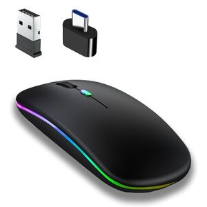 Mouse wireless iluminat LED Rechargeable (Bluetooth + USB 2.0, USB-C) 2.4GHz Silent Click pentru Android, iOS, MAC, Windows, negru