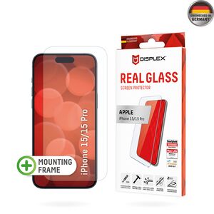 Folie sticla premium iPhone 15 / 15 Pro Displex Real Glass 2D cu aplicator, transparenta