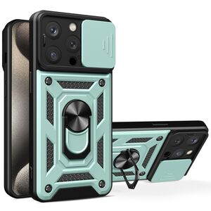 Husa pentru iPhone 15 Pro Max cu inel Ring Armor Kickstand Tough Rugged, verde