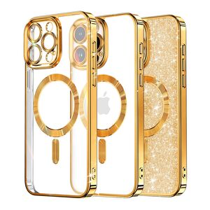 Husa pentru iPhone 15 Pro cu MagSafe Sparkle Glare Detachable Layer, cu protectie lentile - gold