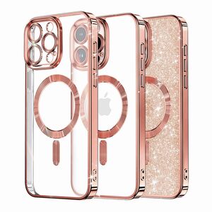 Husa pentru iPhone 15 Pro Max cu MagSafe Sparkle Glare Detachable Layer, cu protectie lentile - rose gold