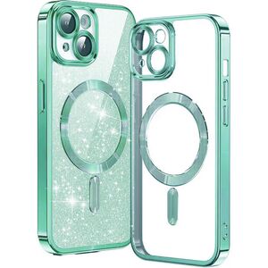 Husa pentru iPhone 14 Plus cu MagSafe Sparkle Glare Detachable Layer, cu protectie lentile - light green