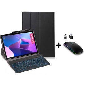 Husa cu tastatura iluminata pentru Lenovo Tab M10 3rd Gen 10.1 inch TB-328XU / FU si mouse wireless iluminat LED, negru