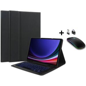 Husa cu tastatura iluminata pentru Samsung Galaxy Tab S9+ Plus / S9 FE Plus, Tab S10 Plus 12.4 inch si suport S-Pen + mouse wireless iluminat LED, negru