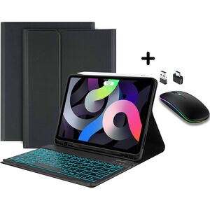 Husa cu tastatura iluminata pentru Apple iPad Air 11 2024 / 2025​ M2, M3 si mouse wireless RGB iluminat LED, negru