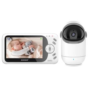 Baby Monitor Wireless, monitorizare bebelusi, ecran 4.3 inch, senzor de temperatura, audio bidirectional, push to talk, cantece de leagan, functie Pan-Tilt, Night Vision, cu acumulator reincarcabil, alb