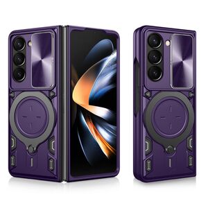Husa pentru  Samsung Galaxy Z Fold 5 cu protecție pentru cameră și suport magnetic integrat Ring Shockproof, mov deschis