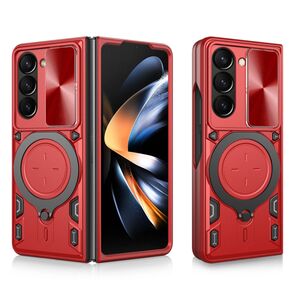 Husa pentru  Samsung Galaxy Z Fold 5 cu protecție pentru cameră și suport magnetic integrat Ring Shockproof, rosu