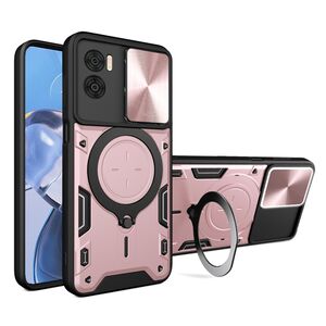 Husa pentru  Motorola Moto E22, E22i cu protecție pentru cameră și suport magnetic integrat Ring Shockproof, rose gold