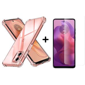 Pachet 360: Folie din sticla + Husa Motorola Moto E14 Anti-Shock 1.5mm, reinforced 4 corners, transparent