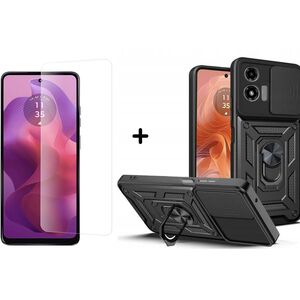 Pachet 360: Folie din sticla + Husa pentru Motorola Moto E14 cu inel Ring Armor Kickstand Tough, protectie camera (negru)
