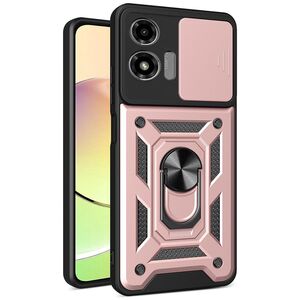 Husa pentru  Motorola Moto E14 Ring Armor Kickstand Tough Rugged Cover cu protectie camera, rose gold