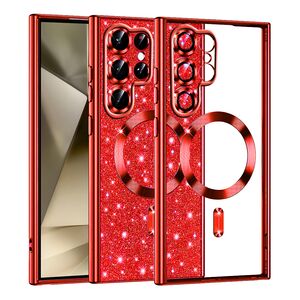 Husa pentru  Samsung Galaxy S22 Ultra 5G cu MagSafe Sparkle Glare Detachable Layer, cu protectie lentile - rosu