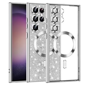 Husa pentru  Samsung Galaxy S23 Ultra 5G cu MagSafe Sparkle Glare Detachable Layer, cu protectie lentile - argintiu