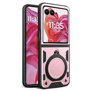 Husa pentru  Motorola Razr 50 Ultra cu protecție pentru cameră și suport magnetic integrat Ring Shockproof, roz inchis