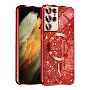 Husa pentru Samsung Galaxy S21 Ultra cu MagSafe Sparkle Glare Detachable Layer, cu protectie lentile - rosu