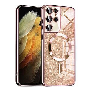Husa pentru Samsung Galaxy S21 Ultra cu MagSafe Sparkle Glare Detachable Layer, cu protectie lentile - roz