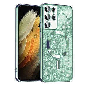 Husa pentru Samsung Galaxy S21 Ultra cu MagSafe Sparkle Glare Detachable Layer, cu protectie lentile - verde deschis
