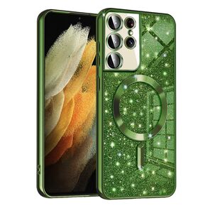Husa pentru Samsung Galaxy S21 Ultra cu MagSafe Sparkle Glare Detachable Layer, cu protectie lentile - verde