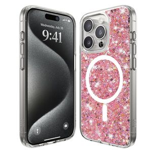 Husa pentru  iPhone 16 Pro MagSafe cu sclipici Liquid Crystal Glitter, roz