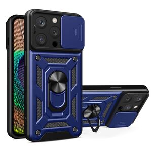 Husa pentru  iPhone 16 Pro Ring Armor Kickstand Tough Rugged Cover cu protectie camera, albastru