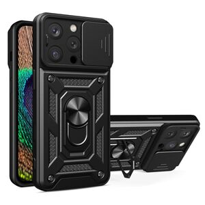 Husa pentru  iPhone 16 Pro Ring Armor Kickstand Tough Rugged Cover cu protectie camera, negru