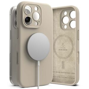 Husa premium pentru iPhone 16 Pro Silicone Magnetic compatibila MagSafe captusita cu microfibra - crem