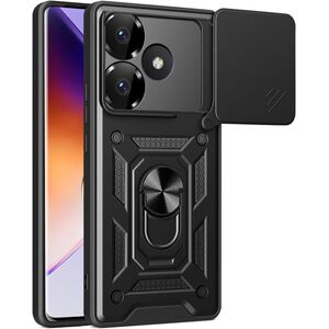 Husa pentru Poco F6 cu inel Ring Armor Kickstand Tough, protectie camera, negru