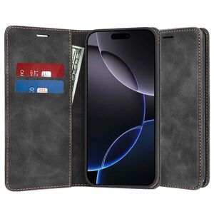 Husa tip carte pentru iPhone 16 Retro Business cu inchidere magnetica, negru denim