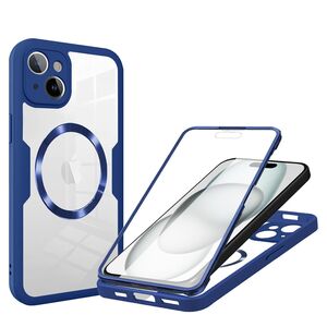 Pachet 360: Husa cu folie integrata pentru  iPhone 15 cu MagSafe Cover360 fata / spate - albastru