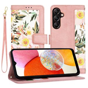 Husa tip carte pentru  Samsung Galaxy A14 4G, 5G, functie stand si port carduri, roz