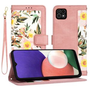 Husa tip carte pentru  Samsung Galaxy A22 5G, functie stand si port carduri, roz