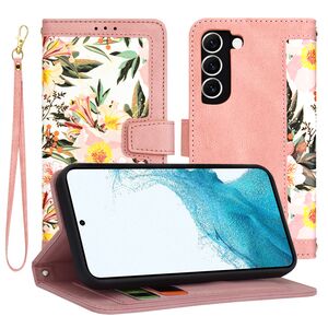 Husa tip carte pentru  Samsung Galaxy S22 5G, functie stand si port carduri, roz