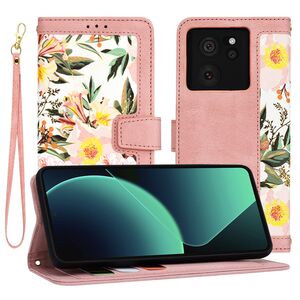 Husa tip carte pentru  Xiaomi 13T, 13T Pro, functie stand si port carduri, roz