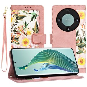 Husa tip carte pentru  Honor Magic 5 Lite, functie stand si port carduri, roz