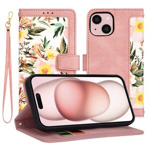 Husa tip carte pentru  iPhone 15, functie stand si port carduri, roz