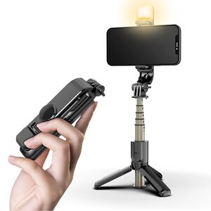 Selfie stick cu trepied ultra compact telescopic si telecomanda wireless bluetooth, Lumina LED integrata, reglabil pana la 70 cm, negru