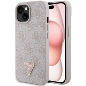 Husa pentru  iPhone 15 Guess - Leather 4G Triangle Strass - roz