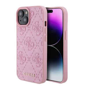 Husa pentru  iPhone 15 Guess - Leather 4G Triangle Strass - roz