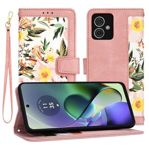 Husa tip carte pentru  Motorola Moto G55, functie stand si port carduri, roz