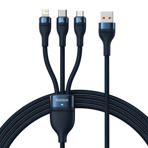 Cablu de date si incarcare 3 in 1 Baseus - Data Cable Flash Series 2 USB 3.0 la USB Type-C, Lightning, Micro-USB Fast Charging 66W, 1.2 m - albastru