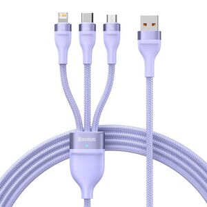 Cablu de date si incarcare 3 in 1 Baseus - Data Cable Flash Series 2 USB 3.0 la USB Type-C, Lightning, Micro-USB Fast Charging 66W, 1.2 m - mov
