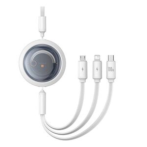 Cablu de date si incarcare 3 in 1 Baseus - Data Cable Free2Draw USB 3.0 la USB Type-C, Lightning, Micro-USB Fast Charging 100W, retractabil, 1.1 m - alb