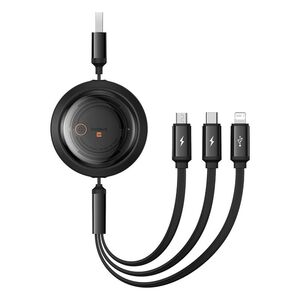 Cablu de date si incarcare 3 in 1 Baseus - Data Cable Free2Draw USB 3.0 la USB Type-C, Lightning, Micro-USB Fast Charging 100W, retractabil, 1.1 m - negru